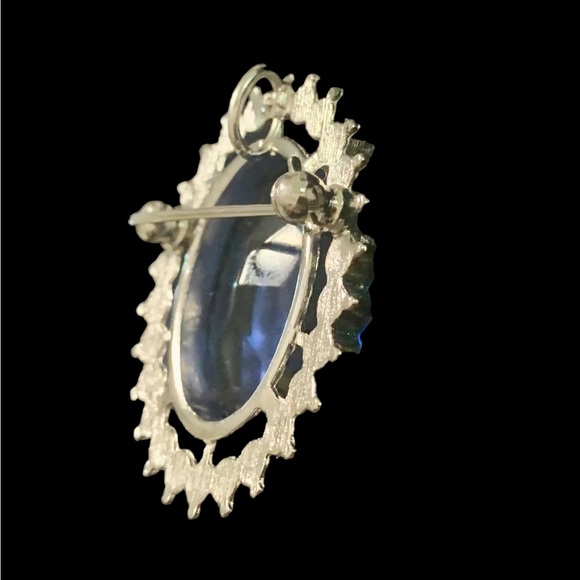 Blue Faceted Glass Pendant or Brooch Combo Silver Tone with Rhinestones - Picture 12 of 12